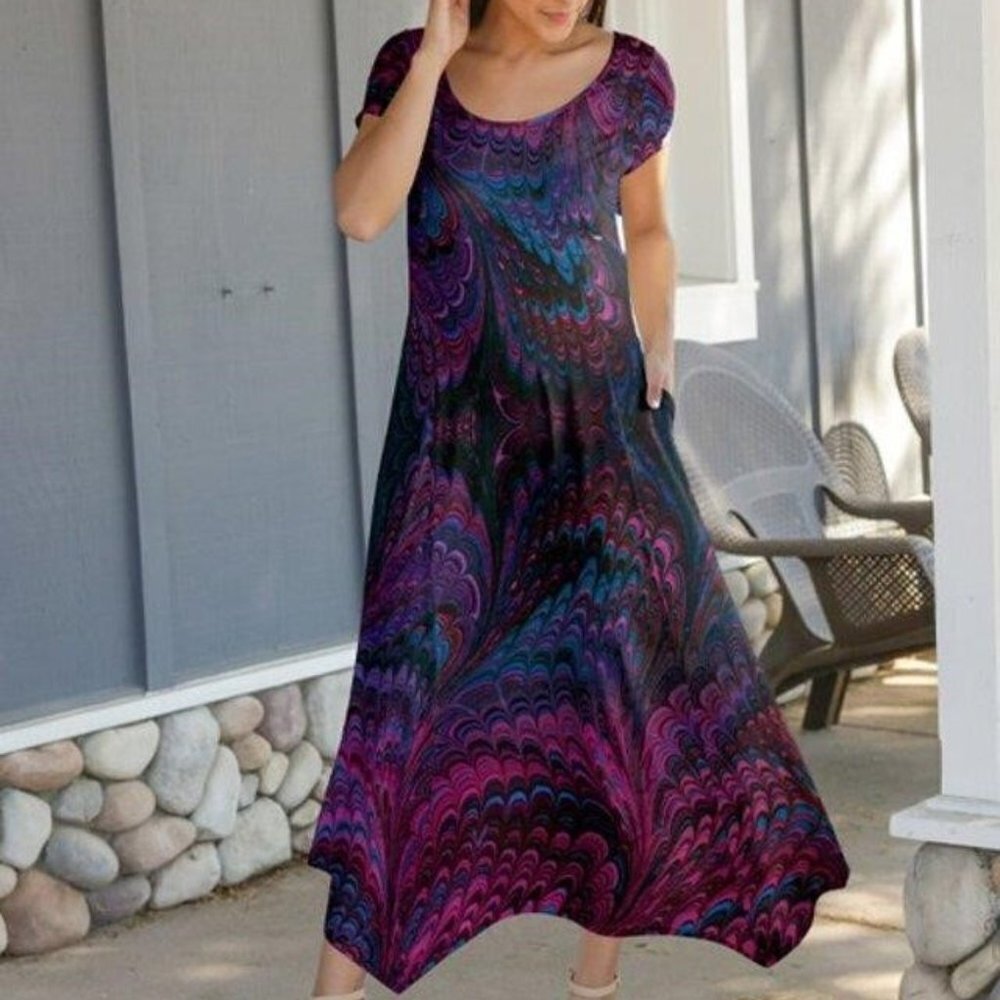 BOGO Lily Teal & Purple Feather Handkerchief Maxi Dress size Medium 8 to 10